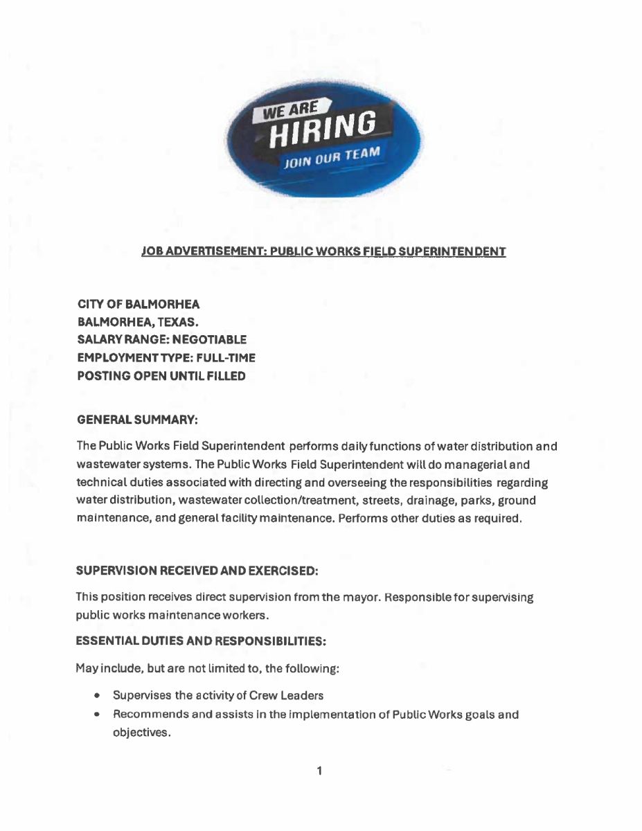 Job Advertisement - Public Works Field Superintendent page 1